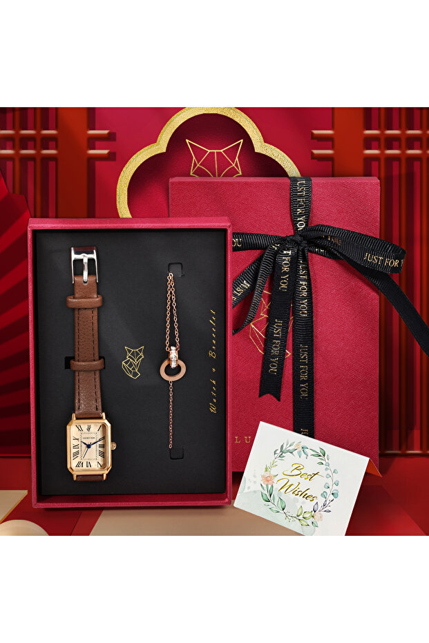Brown LUCKY FOX 2PCS Light Luxury Gift Box Set Watch Bracelet Simple and Fashionable Women's Square