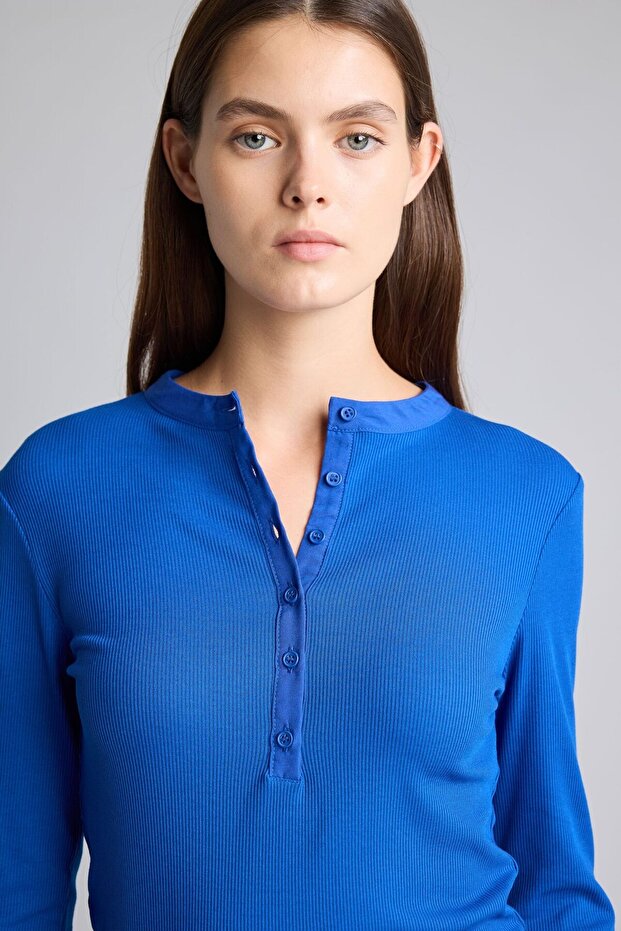 Fitted Basic Ribbed Camisole Long Sleeve Henley Collar Basic T-Shirt I5711Ax26Au