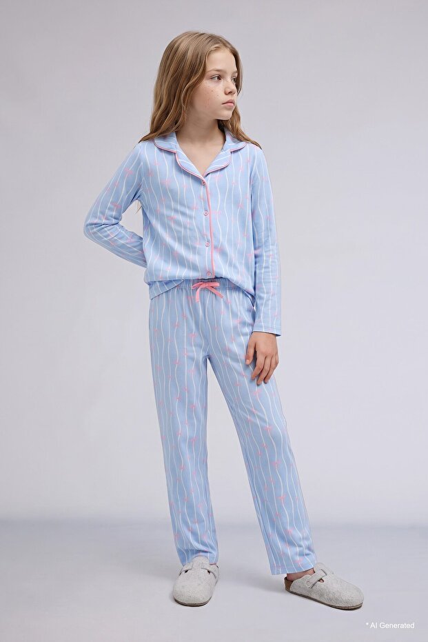 100% Cotton Bowknot Patterned Long Sleeve Pajama Top Flexible Waist Long Pajama Bottoms Girls I1882A826Au