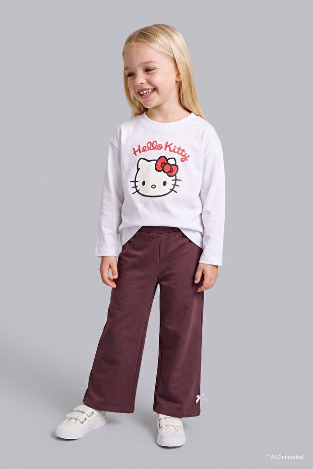 100% Cotton Hello Kitty Printed Bow Detailed Long Sleeve Top Flat Leg Bottom 2-Piece Set Baby Girl I7463A526Au