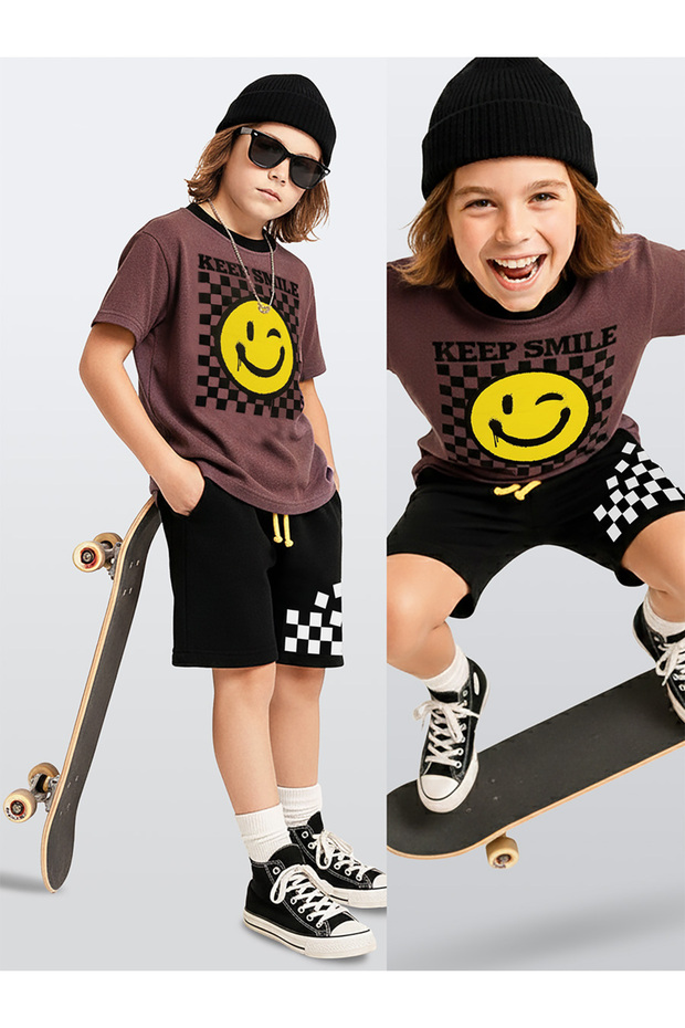 Boy's Suit Smiling Face Printed 100% Cotton T-Shirt Black Shorts Summer Set