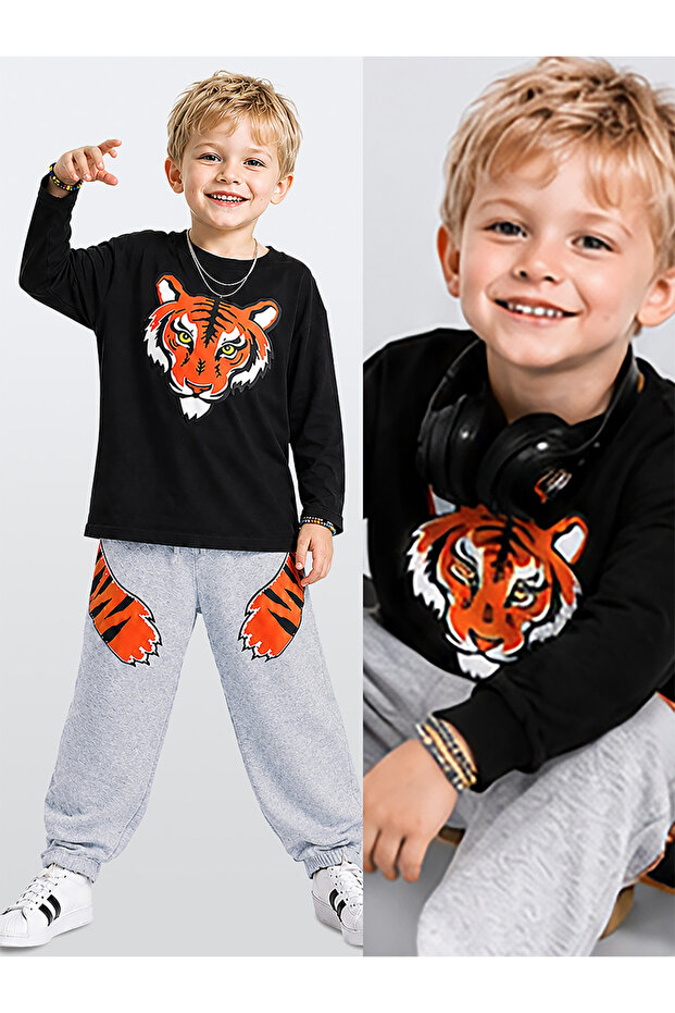 Boys Winter Tiger Patterned Black Long Sleeve 2 Piece T-Shirt and Trousers Set 3-8 Years