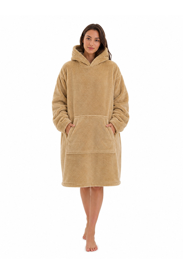 Wellsoft Hooded Wearable TV Blanket Unisex Over Size - Camel