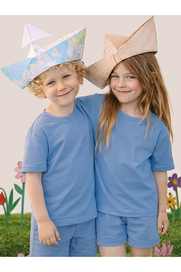 Blue Crew Neck Oversize T-Shirt Kids Unisex 100% Cotton