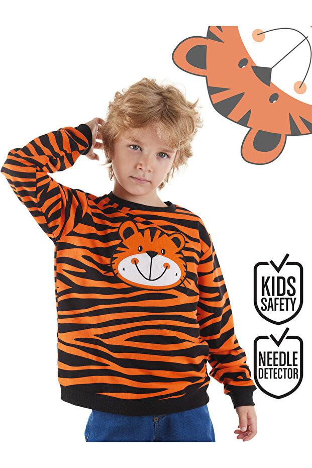 Boy's Tiger Patterned Cotton Orange Long Sleeve Sweatshirt 2-6 Years