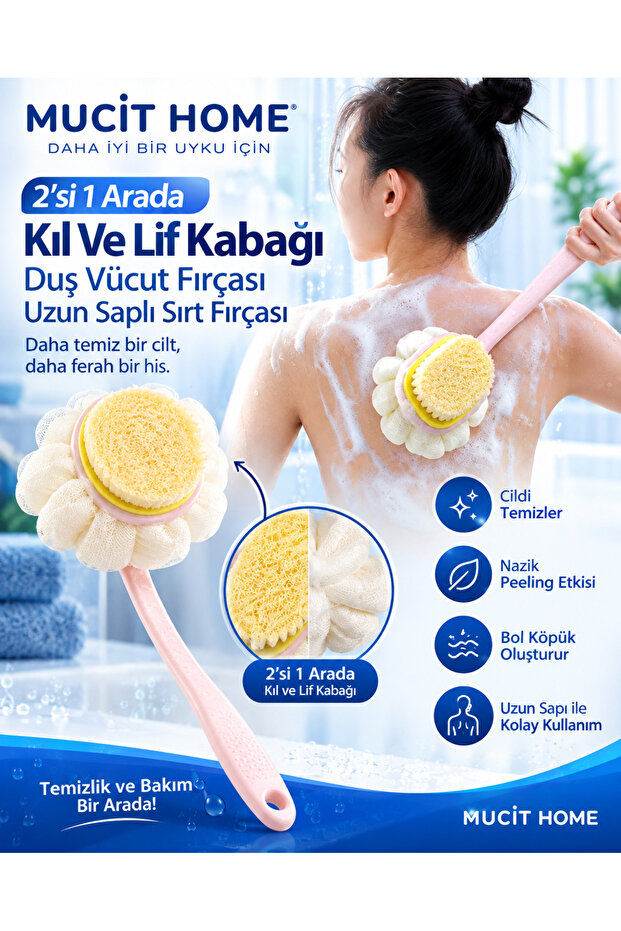 2-in-1 Bristle and Loofah Shower Body Brush Long Handle Back Brush - 1 Pcs