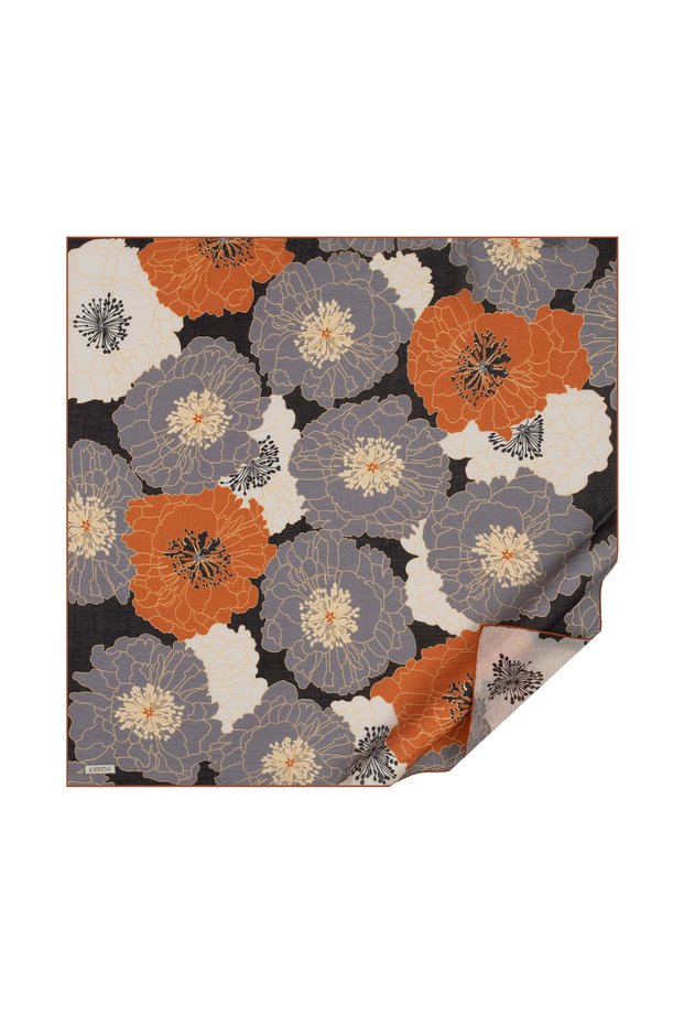 Patterned Tensoft Scarf - Hydrangea Basket Patterned - Black Orange