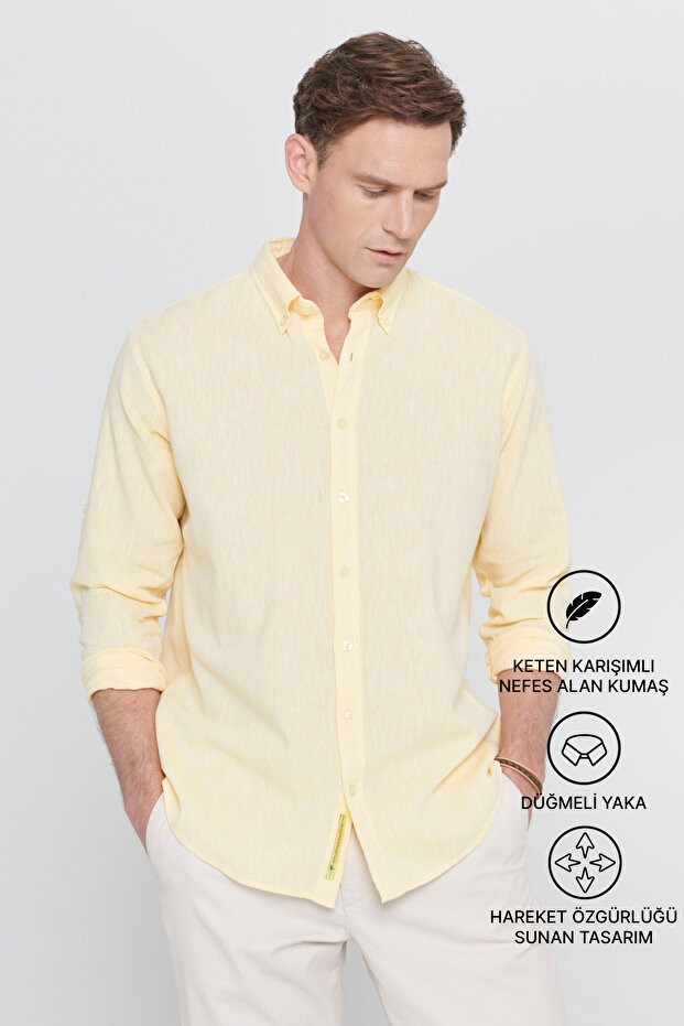 Men's Yellow Linen Comfort Fit Relaxed Fit Buttoned Lapel Casual Shirt