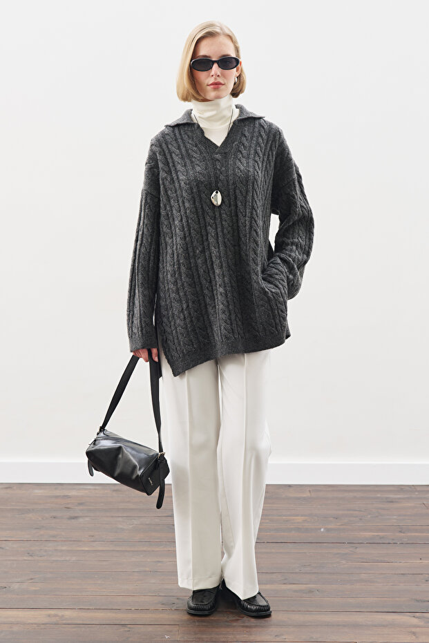 Yakali Hair Braided Sweater Anthracite
