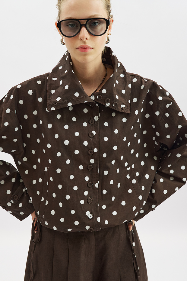 High Collar Detailed Shirt Brown-Polka Dot