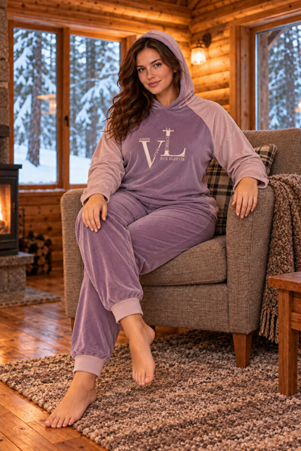 Kadife Battal Vl Hooded Women's Home Set – Lilac Pink