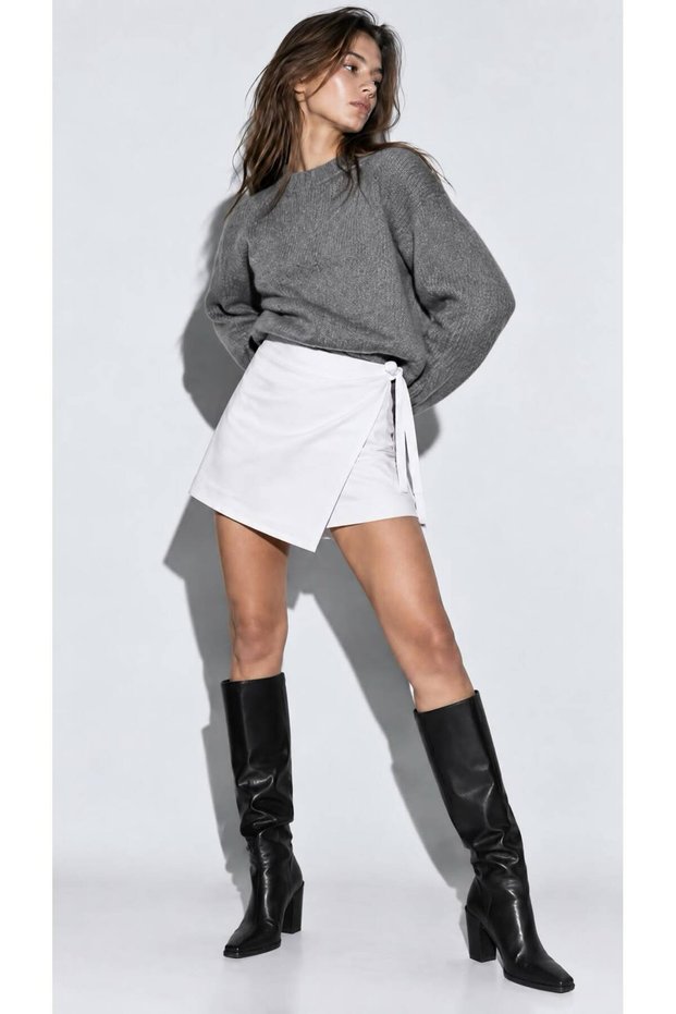 Women's White Color High Waist Zippered Asymmetrical Skirt with Tie Detail