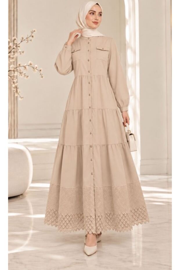 Lace Natural Fabric Buttoned Denim Dress Dark Beige