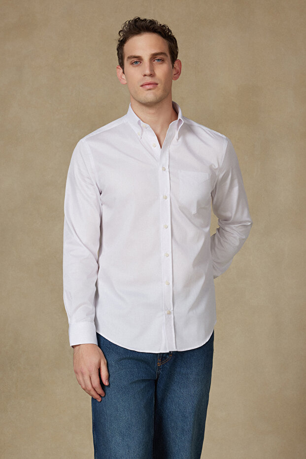 Bb Club Mike Non Iron Oxford Easy-Iron Cotton Regular Fit White Button-Down Collar Men's Plain Shirt