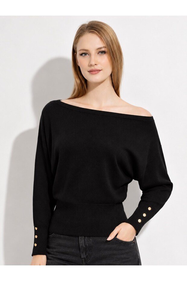 Women's Boat Neck Bat Sleeve Waist-Fitted Knitwear Sweater 141102 Black