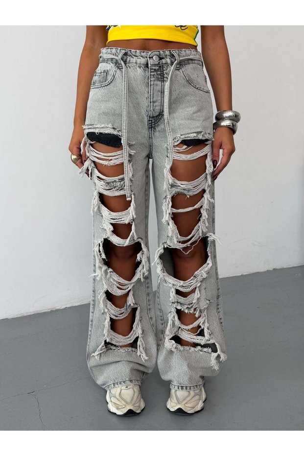 Women's High Waist Multi-Ripped Baggy Wide Leg Jean Pants