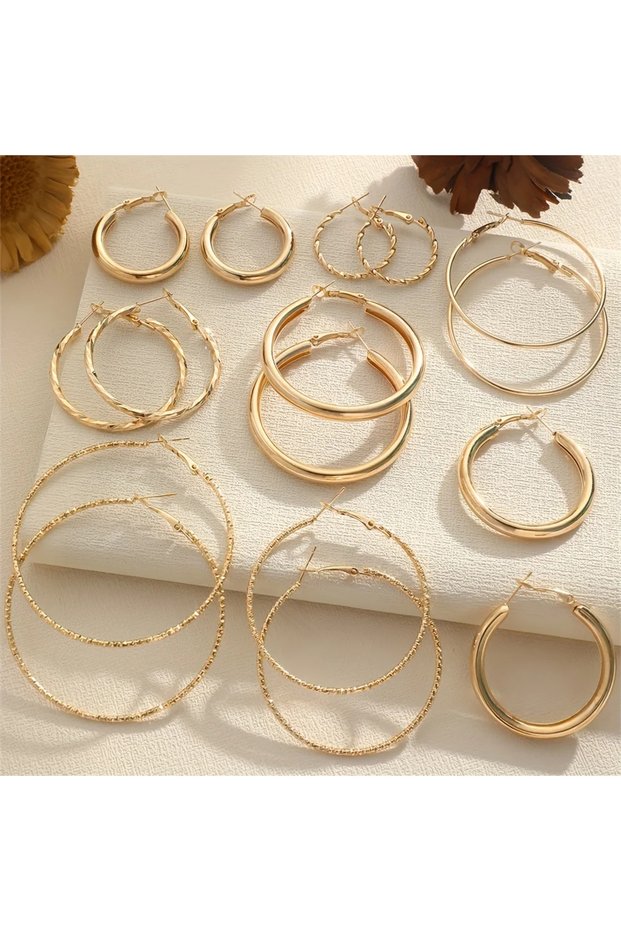 Golden 8 Pairs Set Of Hoop Earrings Alloy Jewelry Elegant Simple Style For Women Girls Daily Wear De
