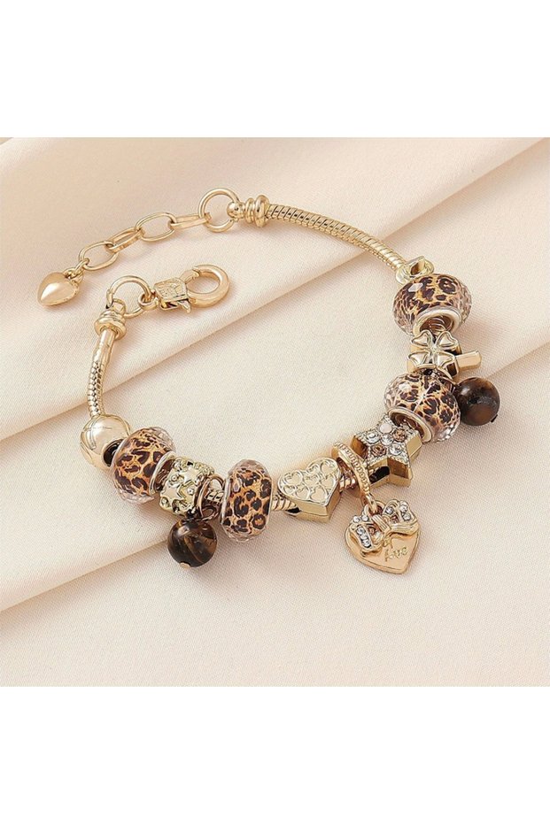 YF5588-1 1-piece Gold Color Leopard Print Bead Heart-shaped Pendant Bracelet, Elegant and Classic Je