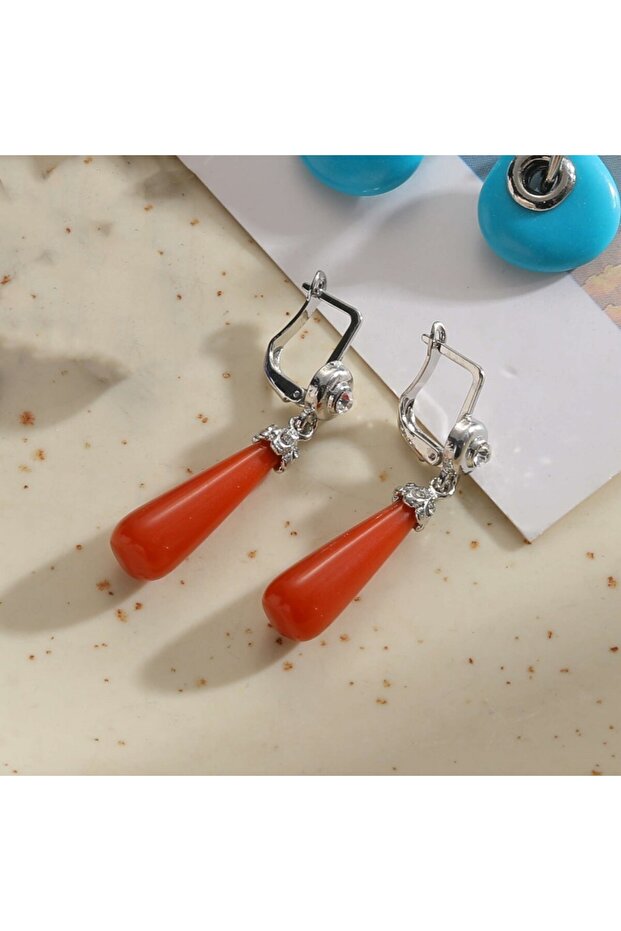 D542 Exquisite, Beautiful and Small Inlaid with Shiny Zircon Red Coral Stone Women's Earrings Weddin