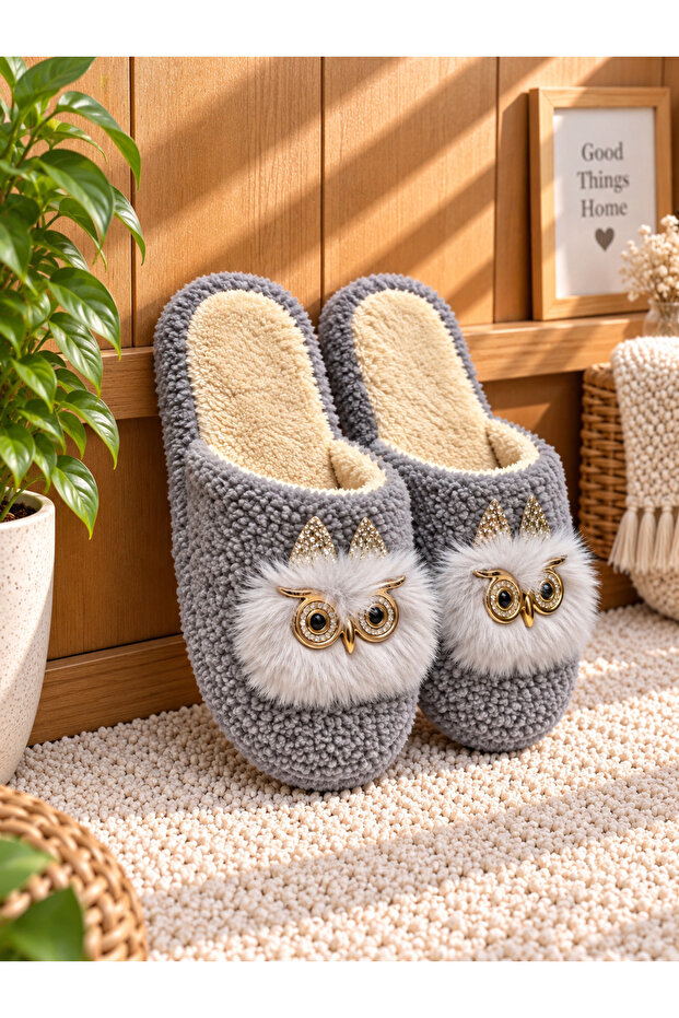 Owl Model Towel Women's House Slippers - Warm and Fluffy Slippers with Noise-Free Soles