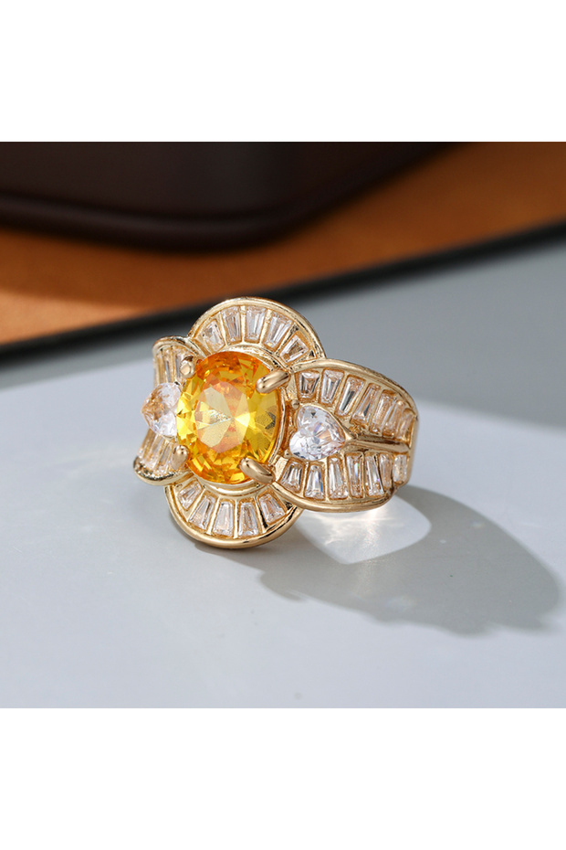 ZF7062-1 8 Vintage Luxury Sparkling Yellow Color Oval Inlaid Zircon Ring, Women's Fashion Trend Banq