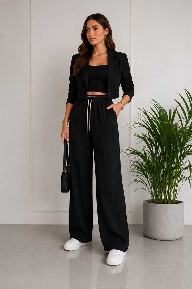 Women's Palazzo Trousers with Elastic Waist Cord Detail, Wide Legs, Woven Fabric, Pockets, Sizes 38-48