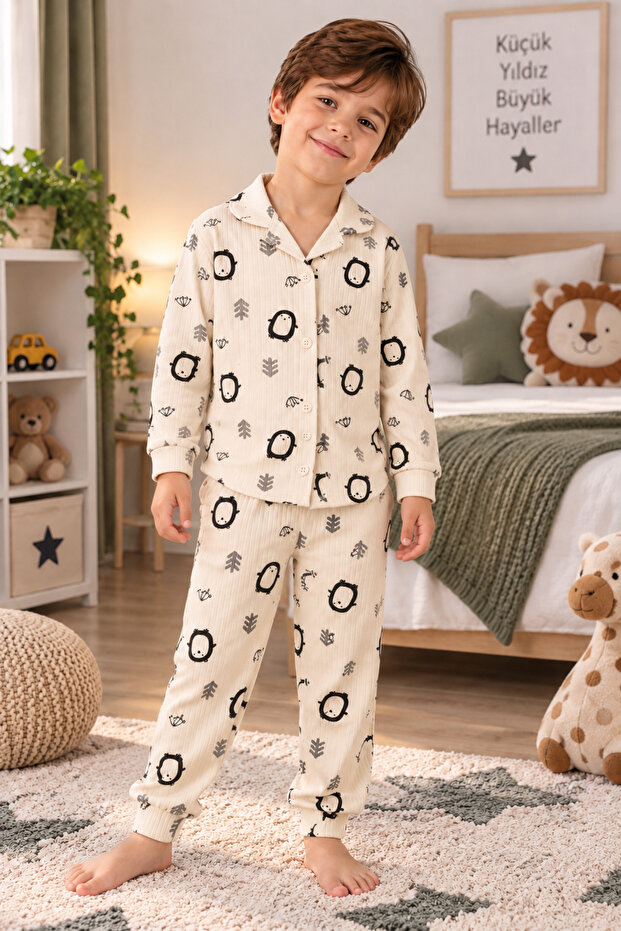 Boys' Pajama Set Animal Patterned Long Sleeve Shirt Collar 2-Piece Pajama Set