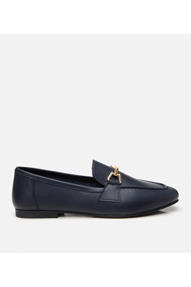 Women's Leather Navy Blue Leather Buckle Loafer