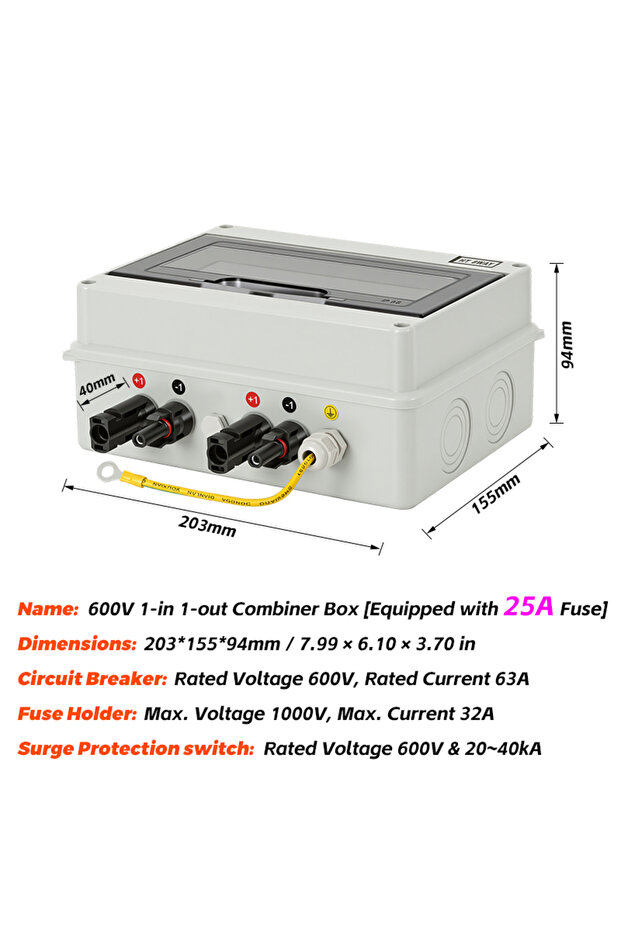 25A DC FUSE Solar photovoltaic PV Combiner Box With Lightning Protection 1 in 1 out DC 600V Fuse MCB