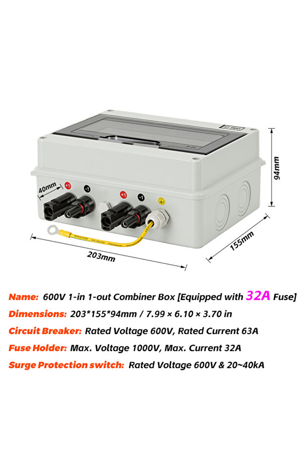 32A DC FUSE Solar photovoltaic PV Combiner Box With Lightning Protection 1 in 1 out DC 600V Fuse MCB