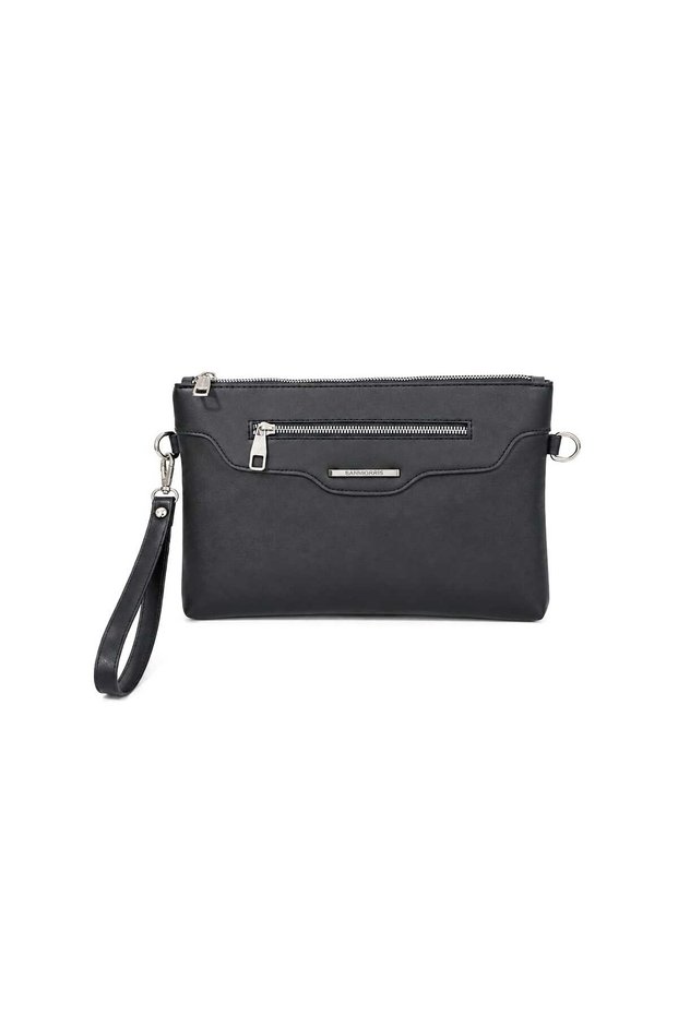 Women's Faux Leather Adjustable Crossbody and Hand Strap Portfolio, Clutch Bag S-1360 Black Satin