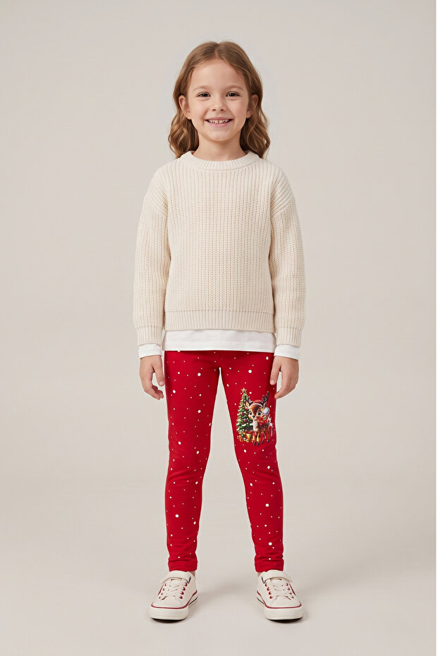 Girl's Christmas-Themed Leggings, Printed, 2-Thread, Woolen, Printed.