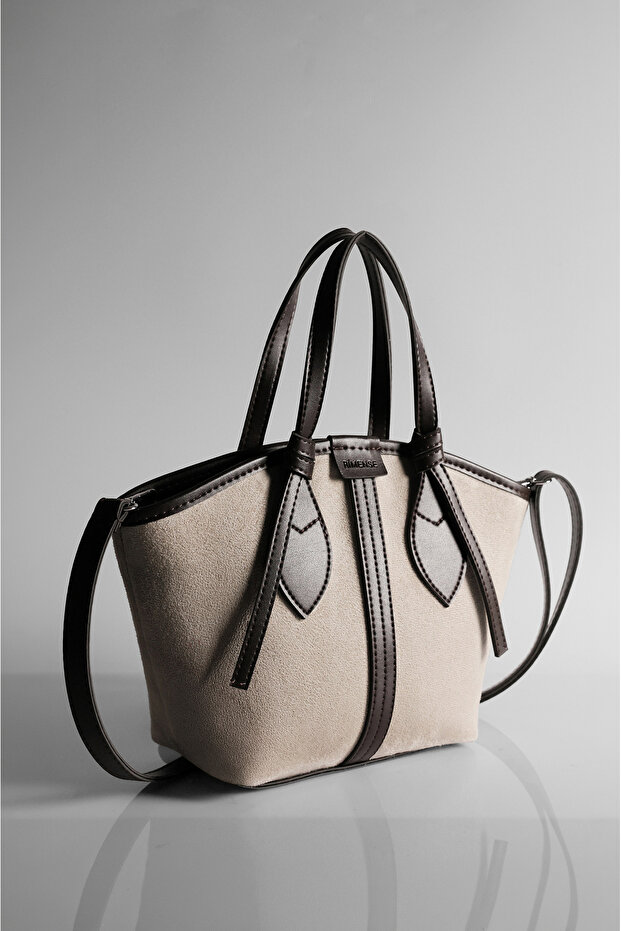 Women's Beige Suede Bitter Brown Faux Leather Zippered Lined Hand and Shoulder Bag