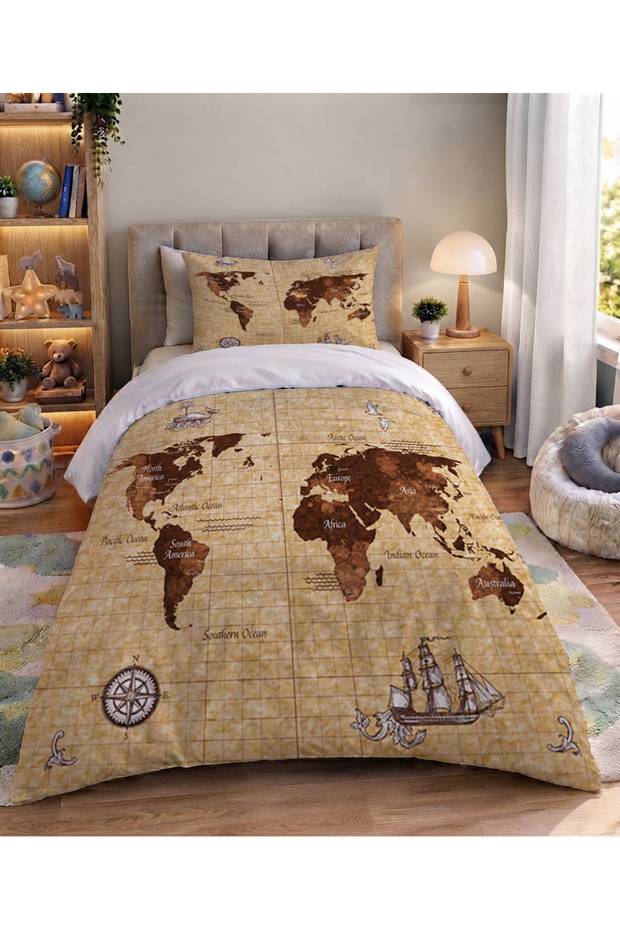 World Map Patterned Children's Duvet Cover Set