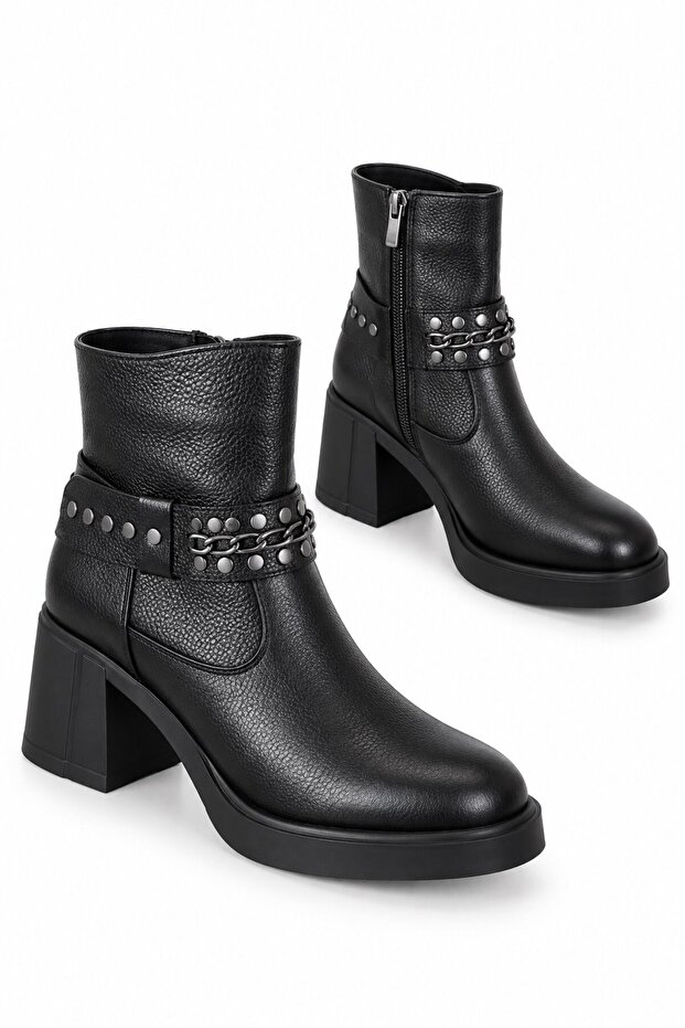 Katy Women's Studded Genuine Leather Heeled Boots Black
