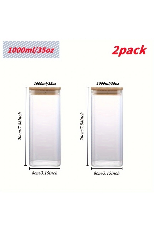 2pack-1000ml 2/4 Pieces, 540Ml/1000Ml Glass Food Storage Jars with Bamboo Lids, Transparent Square S
