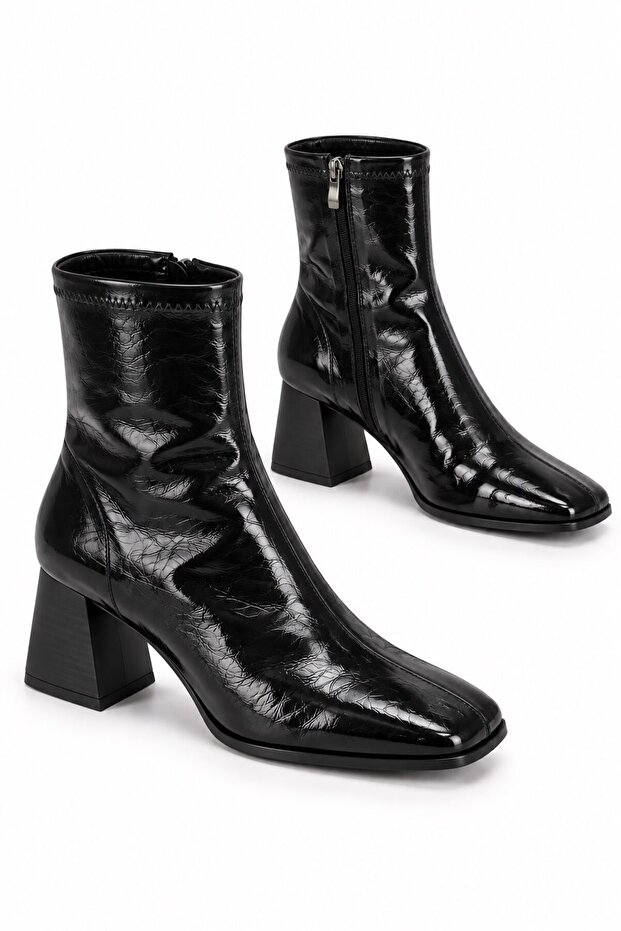 Fallon Women's Patent Leather Stretch Heeled Boots Black
