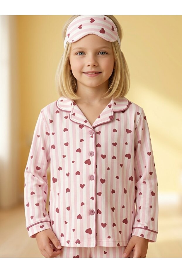 Girl's Pink Heart Patterned Striped Cotton Long Sleeve Eye Patch Pajama Set