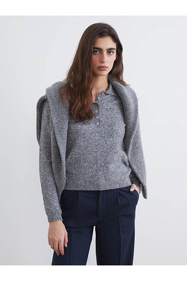 Nevavm Lcw Vision Gray Polo Collar Women's Knitwear Sweater with a Difference