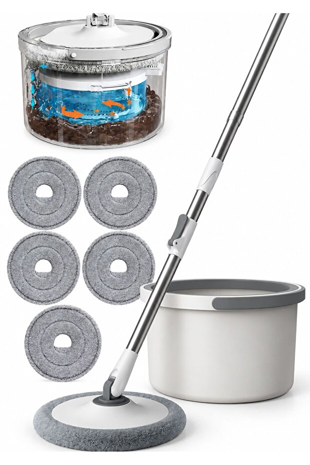 360° Spin Mop & Bucket Set with 5 Reusable Microfiber Pads – Adjustable Handle, Self-Wringing Floor Cleaning Mop for Wet & Dry Use