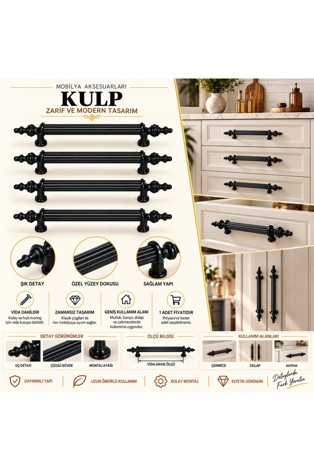 5 Pieces Kumru 160 Mm Matte Black Drawer Cabinet Furniture Handle Metal Product Oven Paint