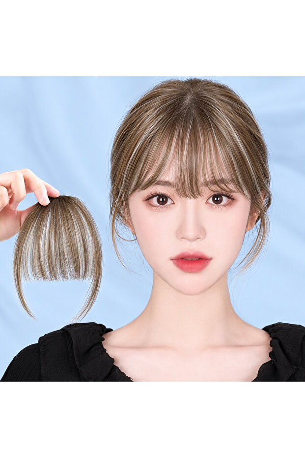 Clip-in Bangs 100% Human Hair Extensions Natural Clip-on Fringe Air Bangs Side Hair Bangs with Nice Net Handmade Natural Flat Neat Bangs with Temples for Women One Piece Hairpiece (WITH SIDE)