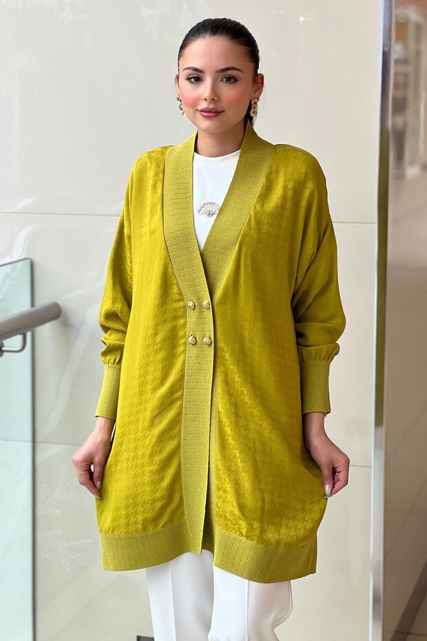V-Neck Ribbed Houndstooth Patterned Jacquard Cardigan