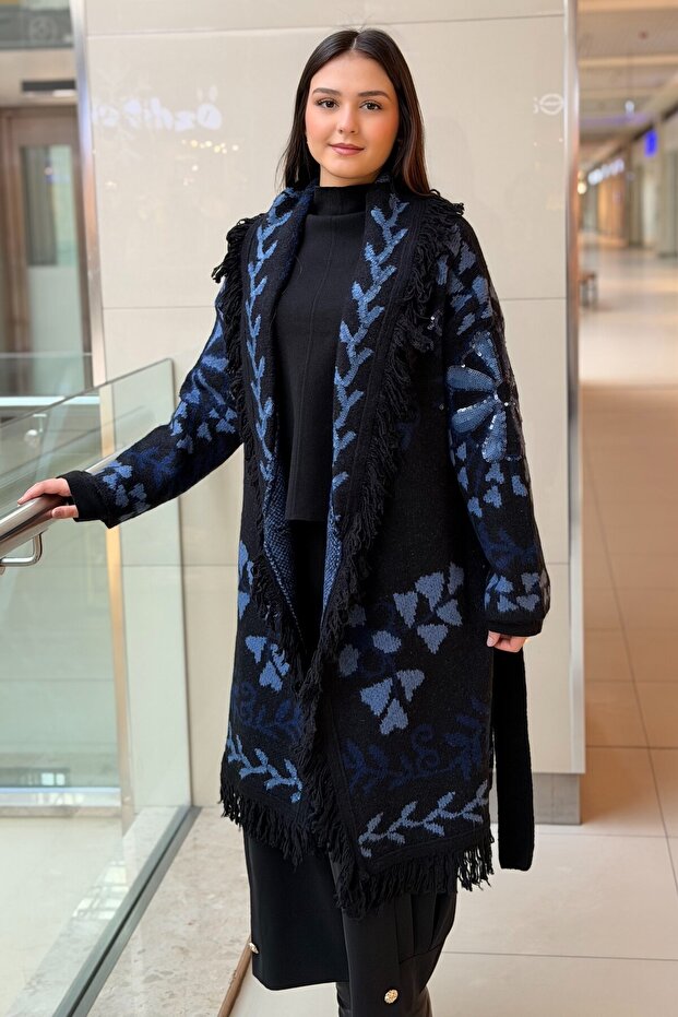 Tassel Detailed Patterned Knitwear Cardigan