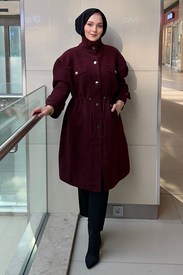 Mock Neck Snap Fastener Coat with Pocket Detail