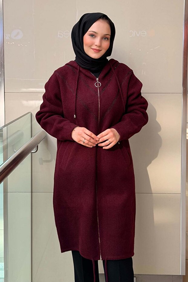 Hooded V Stone Embroidered Zippered Coat