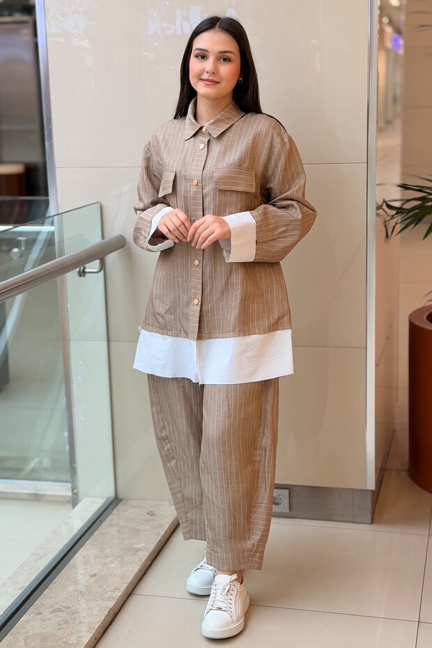 Detailed Piece-Worked Striped Shirt and Pants Set