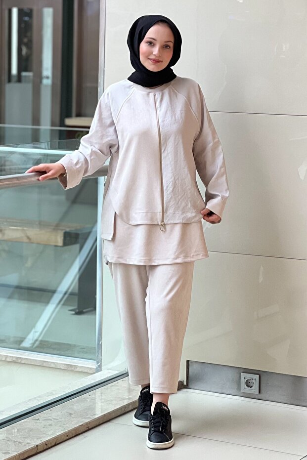 Mixed Fabric Piece Patterned Tunic Pants Set