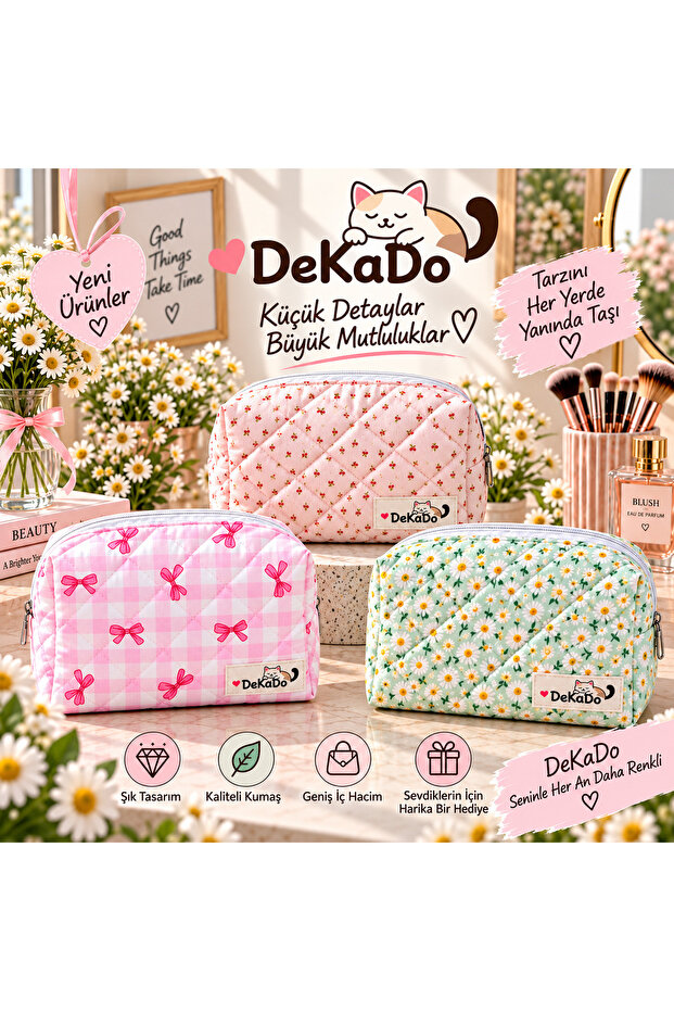 3-in-1 Makeup Bag Set - Pink Gingham Ribbon, Crispy Cherry, and White Daisy Pattern (New Products)