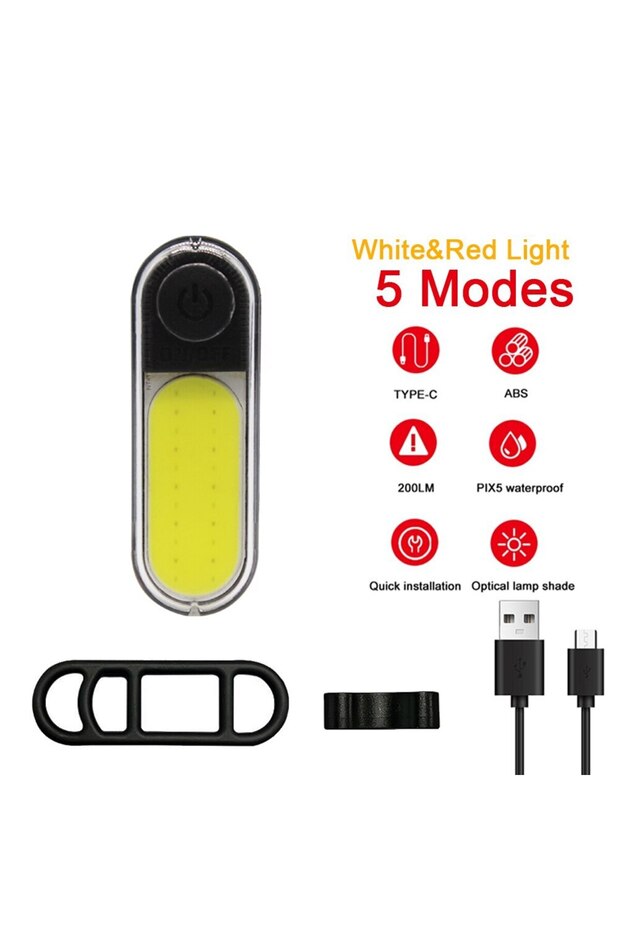 ضوء خلفي للدراجة قابل لإعادة الشحن عبر USB، 5 أوضاع إضاءة، مقاوم للماء، ضوء COB للدراجات الجبلية